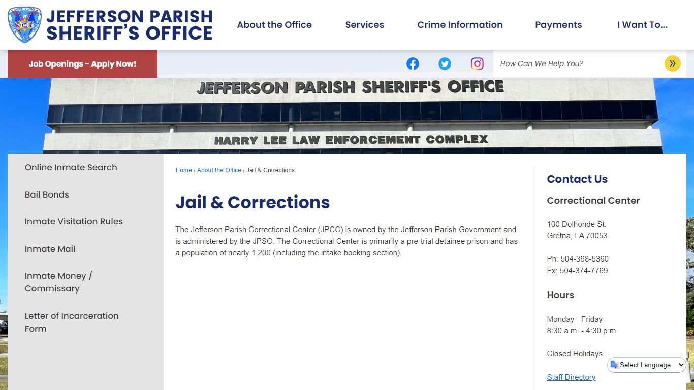 Jail & Corrections | Jefferson Parish Sheriff, LA - Official Website - JPSO